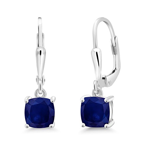 Gem Stone King Pendientes colgantes de plata de ley 925 con zafiro azul para mujer (2,60 quilates, piedra natal de piedras preciosas, cojín de 6 mm)