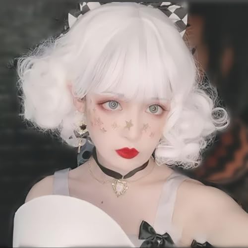 Dai Cloud Short White Bob Wig with Bangs for Women Synthetic Curly Natural Heat Resistant Fiber Hair Wig for Cosplay Daily Use