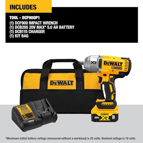DEWALT 20V MAX Cordless Impact Wrench Kit, 20V MAX, 1/2" Hog Ring With 4-Mode Speed, Includes Battery, Charger and Kit Bag (DCF900P1)