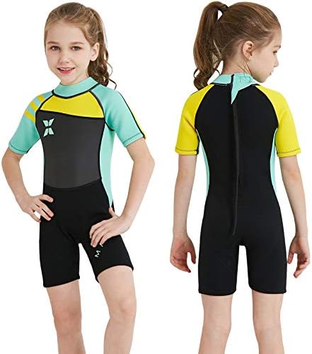 DIVE & SAIL Kids Wetsuit Shorty, 2.5mm Neoprene Thermal Swimsuit, Youth Boys and Girls Wet Suits for Snorkel Diving, Full Suit and Shorty Swimsuit (Green, Kids XL Size)