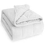Wemore Sherpa Fleece Weighted Blanket for Adult, 15 lbs Dual Sided Cozy Fluffy Heavy Blanket, Ultra Fuzzy Throw Blanket with Soft Plush Flannel Top, 48 x 72 inches, White on Both Sides