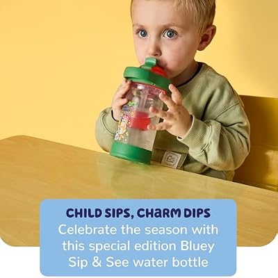 The First Years Sip & See Holiday Bluey Toddler Water Bottle - Includes Floating Charm - Spill Proof Toddler Cup with Straw - Dishwasher Safe with Flip Top Straw Cover - 13 Oz