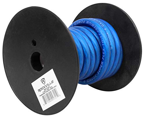 Rockville R4G12-BLUE 4 AWG 12ft Car Amp Power Wire, High Conductivity, Flexible PVC Jacket, Noise Reduction, for Car Audio Enthusiasts