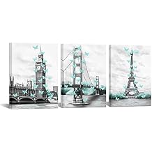 sechars Teal and Grey Bathroom Decor Paris Eiffel Tower Wall Art Big Ben Golden Gate Bridge with Butterflies Art Painting