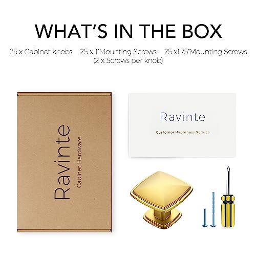 Image of Ravinte 25 Pack Square Single Hole Gold Kitchen Cabinet Knobs Dresser Drawer Cabinet Pulls Drawer Knobs Cabinet Hardware Contemporary Antique Rustic Knobs with Screwdriver