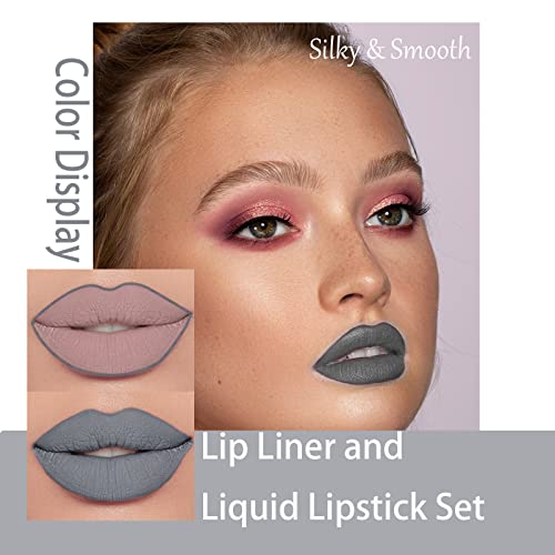 Easilydays 2 Pcs Halloween Dark Matte Liquid Lipstick + Lip Liner Pens Sets, 8 Colors High Pigmented Goth Sexy & Bold Lip Gloss, 24H Waterproof Long-Lasting Matte Lipstick , Non-Stick Cup Velvety Lip Makeup For Women (Gray) #TOP1