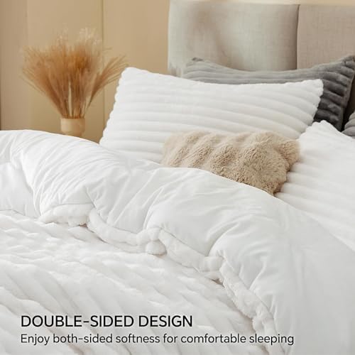 Image of BEDELITE Fleece Oversized Queen Comforter Set -Super Soft & Warm Fluffy Bright White Bedding, Luxury Fuzzy Heavy Bed Set for All Season with 2 Pillow Cases