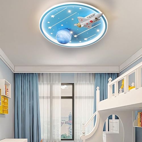 WOQuju Modern LED Ceiling Light Cartoon Children's Rocket Planet Star Ceiling Light Dimmable With Remote Control For Bedroom Children's Room Living Room Study (Blue)