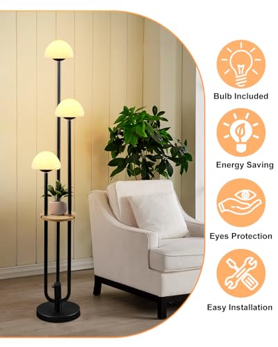 Image of Black Dimmable Floor Lamp with Table, Modern Floor Lamps with Mushroom Shades for Living Room, 3000K Warm White Tall Standing Lamp with Bulbs& 5Lbs Heavy Base for Bedroom /Office