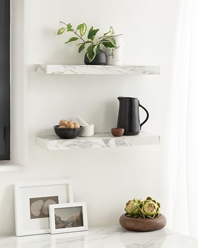 Image of Kate and Laurel Havlock Modern Faux Marble Floating Shelves, Set of 2, 22 x 6, White, Transitional Functional Bathroom and Kitchen Shelves for Storage and Display