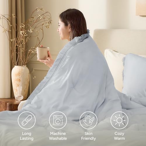 Image of Andency Light Grey Comforter Set Queen, 3 Pieces Boho Tassel Lightweight Bedding Comforter Sets, All Season Soft Fluffy Fringe Bed Set (90x90In Comforter & 2 Pillowcases)