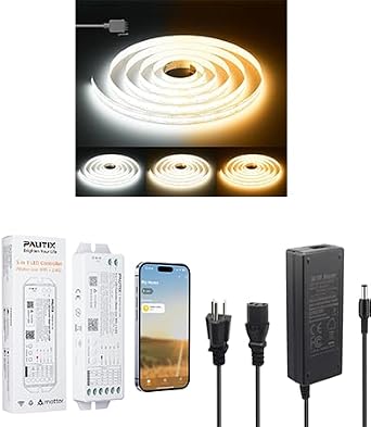 PAUTIX COB LED Strip Light White CCT Tunable 6400LEDs,CRI90+ 32.8ft/10m Dimmable 2700K-6500K,WiFi LED Controller for Single Color/CCT/RGB/RGBW/RGBCCT LED Strip Lights, 24V DC Power Supply