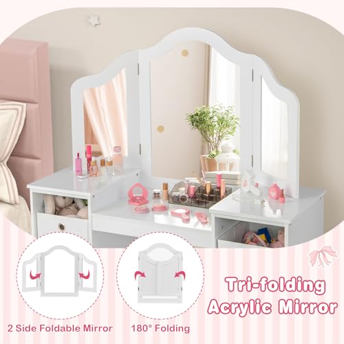 Image of INFANS Kids Vanity, 2 in 1 Princess Makeup Desk & Chair Set with Tri-Folding Detachable Mirror, Large Storage Shelves, Wooden Pretend Play Dressing Table for Girls (Cream White)