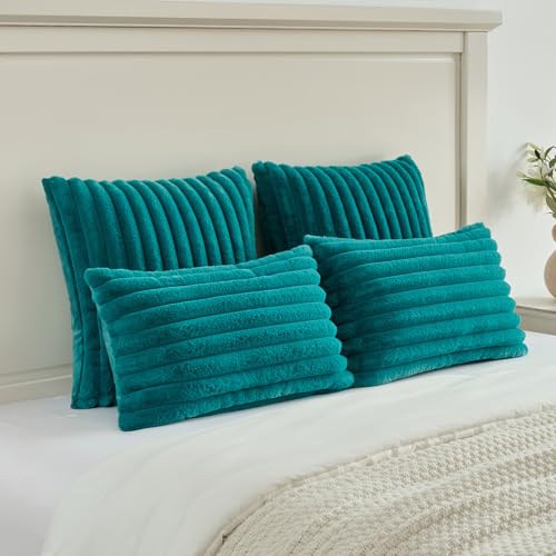 FUTEI Teal Green Striped Decorative Throw Pillow Covers 18x18 Inch Set of 2,Square Fall Decorations Couch Pillow Case,Soft Cozy Faux Rabbit Fur & Velvet Back,Modern Home Decor for Bed