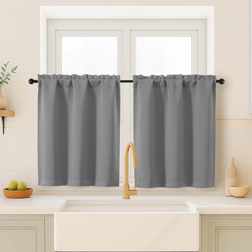 Image of Grey Blackout Curtains for Small Window Treatment, Light Blocking Short Kitchen Window Curtains Over Sink, Dual Rod Pocket Half Window Tiers for Bathroom Basement, 2x40Wx36L Inches
