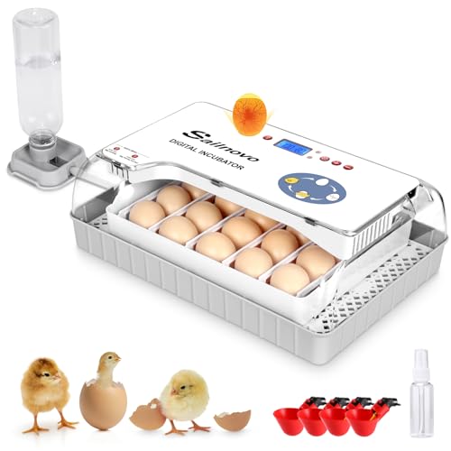 Sailnovo   Incubadora de 20 huevos para pollos, otras aves + 20 huevos + incubadora totalmente automática + control de temperatura + indicador de humedad + adición de agua externa   Blanco
