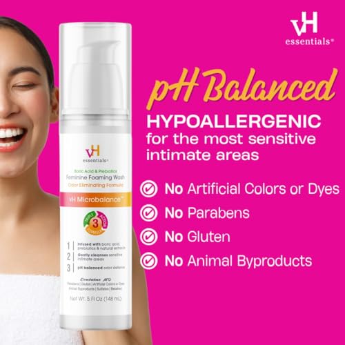 Image of vH essentials Feminine Foaming Wash with Boric Acid and Prebiotics, Odor Eliminating pH-Balanced Daily Cleanser with Lavender and Chamomile, 5 fl oz (Pack of 2)