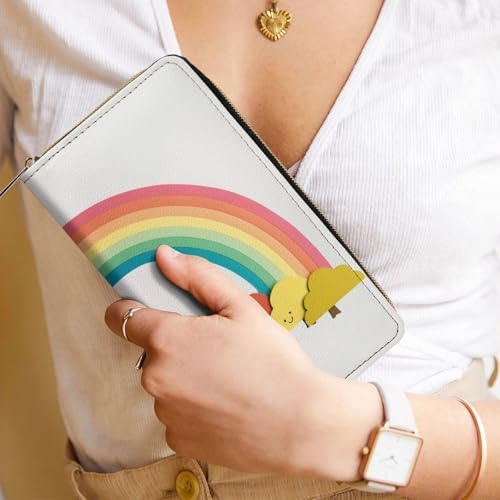 Small Rainbow Print Long Wallet for Women Men PU Leather Card Holder Organizer with Zipper Coin Pocket & Cash Slots 6