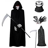 Faburo Black Cape with Scythe, Skull Mask, Gloves, 2025 Halloween Ghost Face Scream Grim Reaper Costumes for 5'3'-5'9' Adult (140cm/55in)