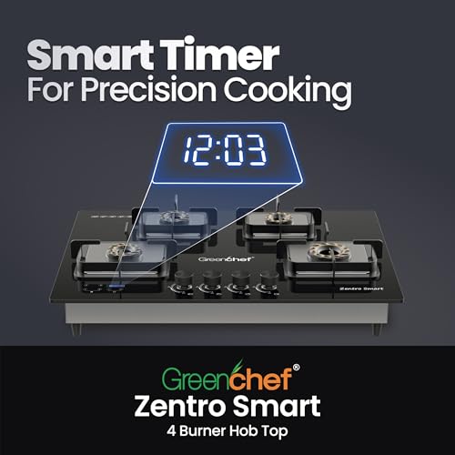 Image of Greenchef Zentro Smart Four burner Glass Hob Top| Digital timer| Featured with Flame failure| Black Color| High efficiency tornado Burners| Dual Purpose hob(Built In Or Counter top)