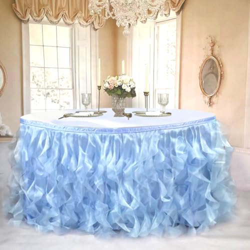 Image of Luxury Organza Mesh Table Skirt Draping Floating Romance - Perfect for Bridal Showers, Birthday Weddings - Clear Flowing Decoration for a Wonderful Main Cake Table (Sky Blue-6ft, 72 inchLx30 inchH)