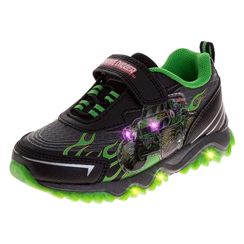 Josmo Kids Monster Jam Grave Digger LED Light Up Shoes Megalodon Monster Truck Shoes for Boys El Toro Loco Black Green (Size 8 Toddler)