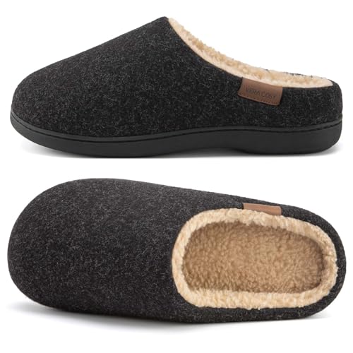Image of VeraCosy Men's Wool Felt Slippers with Comfy Fuzzy Faux Sherpa Slip-on Memory Foam for Indoor House