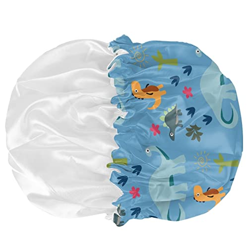 Image of Dinosaur Blue Print Kids Satin Sleep Cap, Elastic Adjustable Band Hat Night Sleeping Head Cover for Hair Stylish Satin Bonnet Breathable Beanie Hat for Girls Boys Toddler Baby