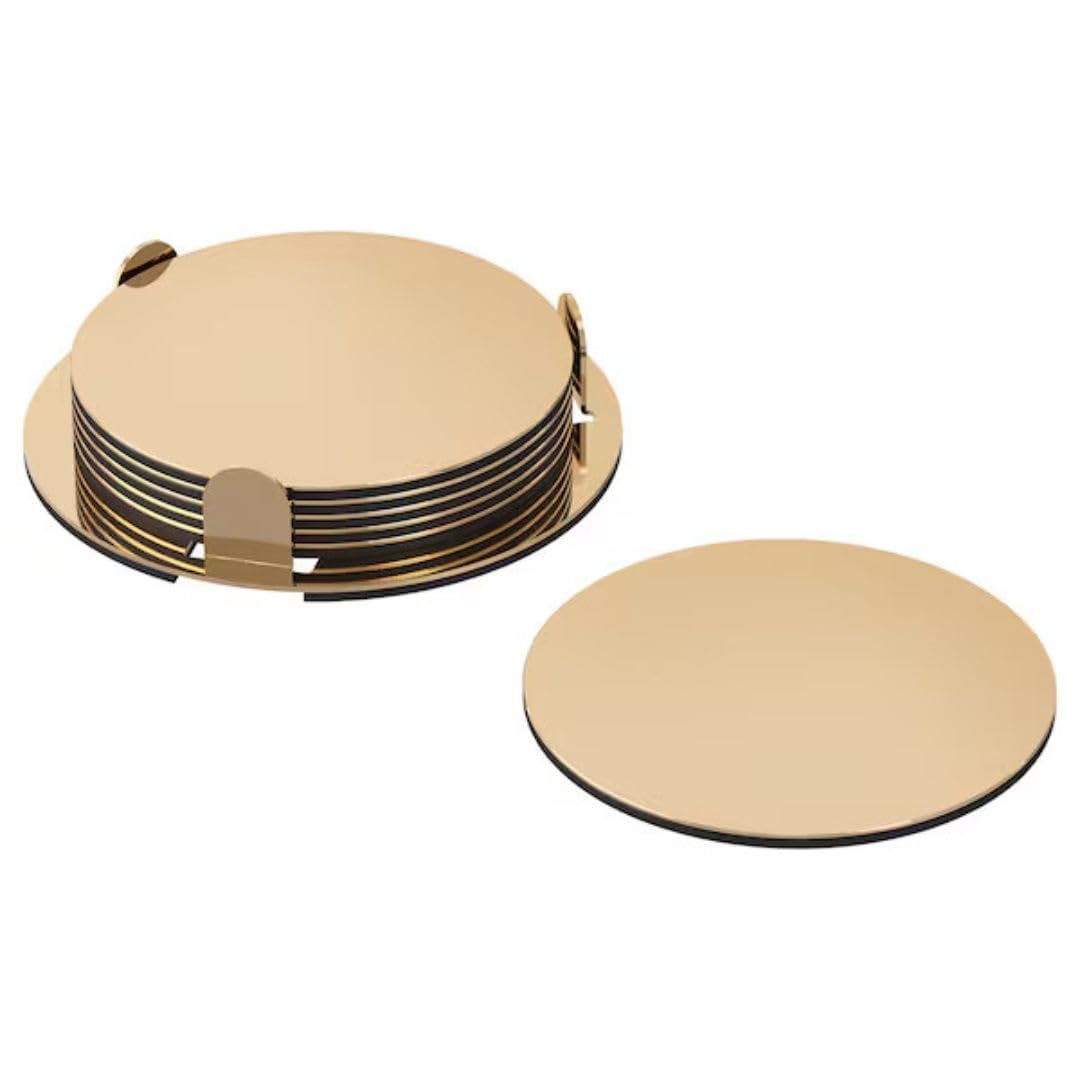 Round Steel Drink Coaster Set with Stand Non Slip Matt Finish for Home Office Dining Table Bar Glasses Cups (Set of 6 Pieces) (Gold)-image-19