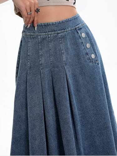 CHARTOU Women Pleated Denim Skirt Long Jean Skirt Flowy Elastic Waist Denim Maxi Ruffle Skirt Flare A Line Skirt4