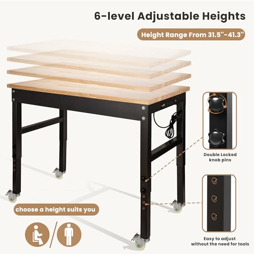 Sulives Height Adjustable Workbench Rubber Wood Top Heavy-Duty Workstation,3000 LBS Load Capacity 48\" Work Bench,Work Desk with Power Outlets for Garage,Workshop,Office Home