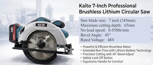 Image of KAITO 48V Cordless Circular Saw | Brushless Motor | 7-Inch (185 mm) Blade | 5500 RPM | Adjustable 0-50 Bevel Cutting | Heavy-Duty Wood, Metal & PVC Cutter | 2 Batteries & Fast Charger