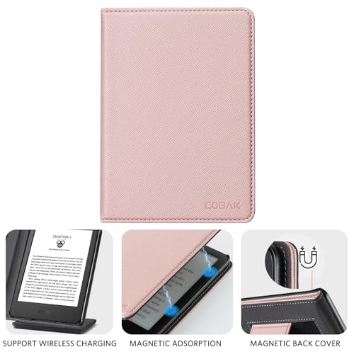 Image of CoBak Case for 6 inch E-Reader - PU Leather Smart Cover with Auto Sleep /Wake & Hand Strap, not Compatible with Kobo Clara,Rose Gold