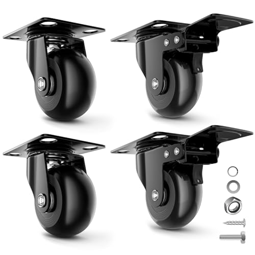 COSYLAND Ruedas para Muebles Pesados 50 mm, Juego de 4 Ruedas Giratorias 360° con Placa, Hasta 300 kg, No Dejan Marcas, para Transporte y Movimiento de Muebles, 2 con Freno y 2 Sin Freno, Negro