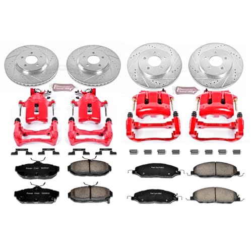 Image of PowerStop Front and Rear Brake & Caliper Kit for Ford Mustang 2011-14 - Carbon-Fiber Ceramic Brake Pads + Drilled & Slotted Rotors + Red Powder Coated Calipers, KC5450