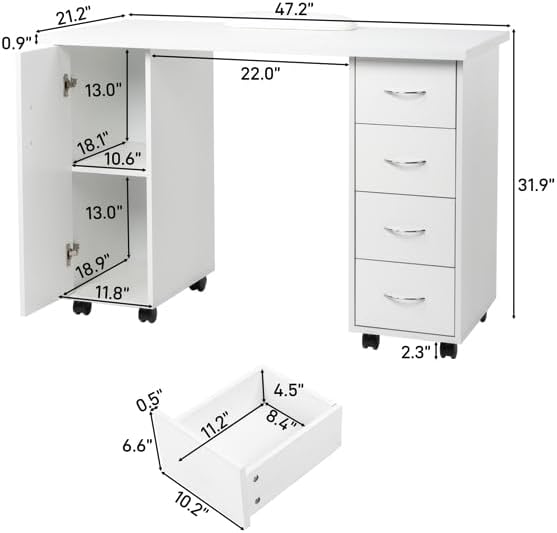Double Edged Manicure Nail Table with Drawer (White)