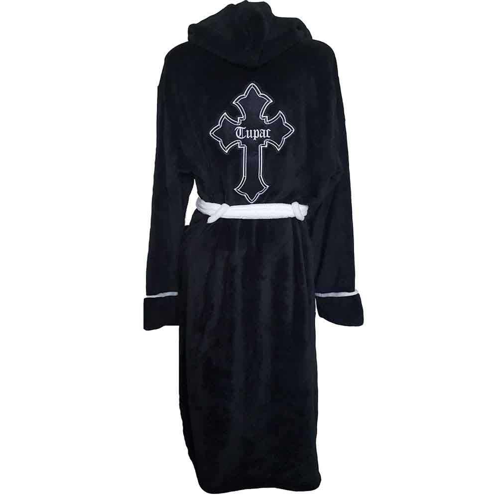 2 PAC Tupac Bathrobe Cross Logo Official Black Super Soft Fleece Unisex S