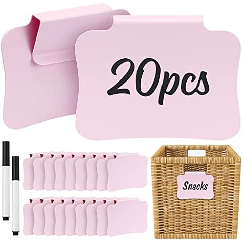 20PCS Plastic Basket Labels Clip On Removable Basket Bin Labels Clips for Storage Bins, Pantry Organization and Storage Labels for Basket Hanging Cube Box Bin Clip Label, in Pink Cover