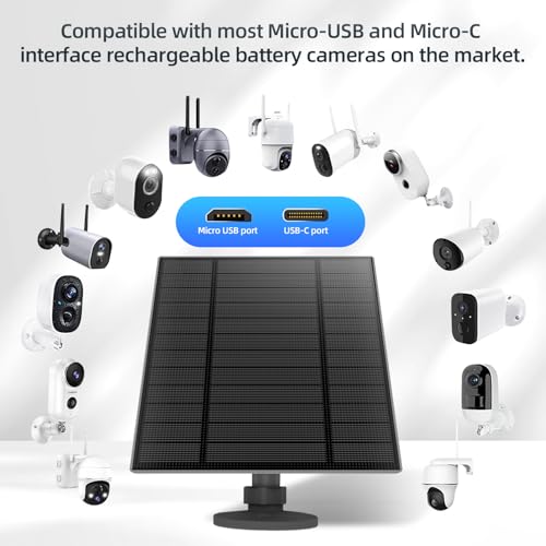 Image of 5W Solar Panel for Security Camera, Solar Panel with Micro USB & USB-C Port for DC 5V Outdoor Rechargeable Battery Camera, IP65 Waterproof, 360 Adjustable Security Mount, 9.8ft Cable (2, Black)