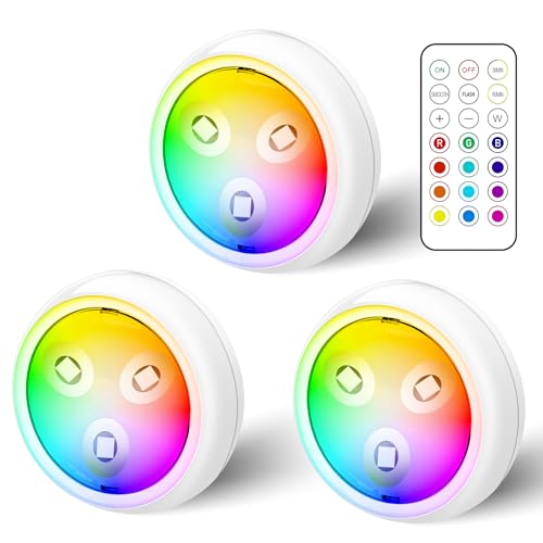 GBKDQQ LED RGB Spots Batteriebetrieben mit Fernbedienung 3er Set, 13 Farbwechsel Schrankbeleuchtung Dimmbar Vitrinenbeleuchtung Kabellos LED Touch Lampe Timer Unterbauleuchte Batterie zum Klebepads