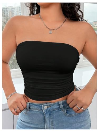 WDIRARA Women's Plus Size Strapless Ruched Crop Tube Tops Summer Slim Fit Sleeveless Bandeau Top3