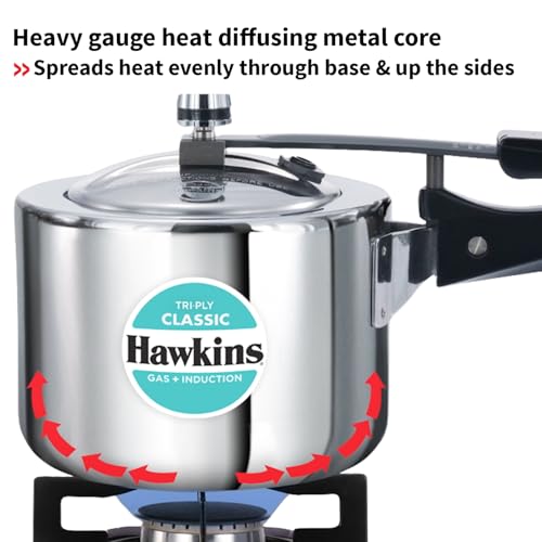 Image of Hawkins Classic 1.5 Litre Triply Stainless Steel Pressure Cooker | Straight Body | Induction & Gas Compatible | Ideal for 1-2 persons | ISI Certified | Guaranteed for 5 year | Silver (SSTCL15)