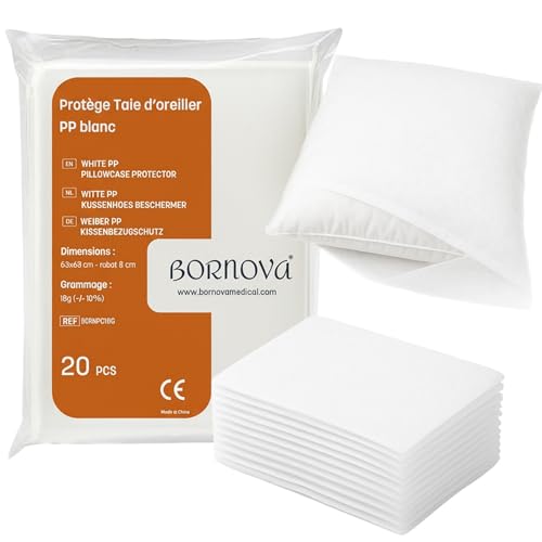 Lot de 20 – Housse oreiller jetable 63x63 cm avec rabat – Taie d’oreiller usage unique blanche non-tissée en polypropylène – Pour usage médical, esthétique...