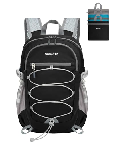 WATERFLY Small Lightweight Packable Backpack: 15L Mini Ultra Light Foldable Travel Daypack with Breathable Shoulder Strap Outdoor Hiking Camping Day Pack for Women Men Black