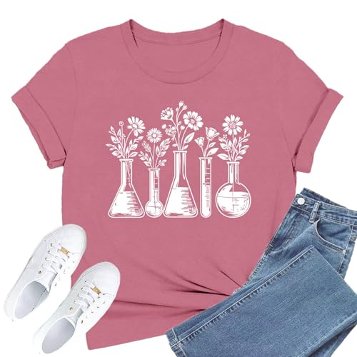 FlowFem Teacher Shirts for Women Science Teacher T-Shirt Floral Beakers Chemistry Lab Scientist Printed Tee Tops Pink