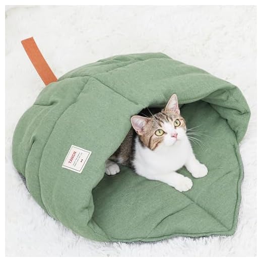 TANGN Cat Sleeping Bag , Linen Fabric Bed Cave Leaf Nest Pet Cuddle Zone Covered Hide Hood Burrowing Cozy Soft Durable Washable with Non-Slip Bottom for Indoor Puppy and Kitten (Green), PD50082