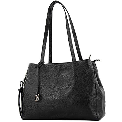 modamoda de T205 Damen Leder Schultertasche Shopper Henkeltasche handmade in Italy, Farbe:Schwarz