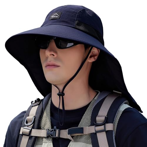 Image of Rosoz Outdoor Sun Hat for Men Women, UPF50+ Protection Safari Cap Wide Brim Mesh Fishing Hat with Neck Flap Beach Garden