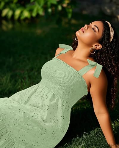 Image of Pinup Fashion Plus Size Summer Sun Smocked Eyelet Tie Straps Midi Dress | Adjustable tie straps, square neck, high waist, flowy tiered A-line, perfect for casual beach, holiday vacation, photoshoot