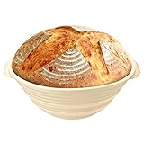 Banneton Bread Proofing Basket 9 Inch, Silicone Foldable Sourdough Basket for Baking, Proofing & Serving, Non-Stick Bread Making Supplies, Dough Rising Basket, Round Bread Bowl, Oven Safe, Beige